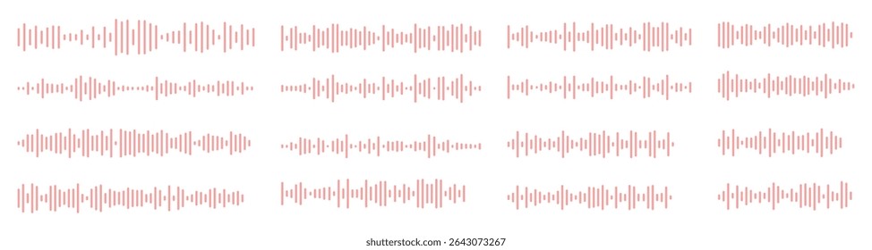 Set of wavy, vibrating and pulsating lines. Podcast sound waves. Waveform pattern for music player, podcast, voice message, music app. Audio wave icon. Isolated vector illustration.