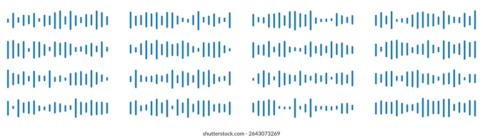 Set of wavy, vibrating and pulsating lines. Podcast sound waves. Waveform pattern for music player, podcast, voice message, music app. Audio wave icon. Isolated vector illustration.