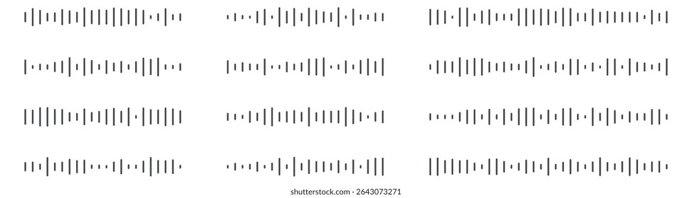 Set of wavy, vibrating and pulsating lines. Podcast sound waves. Waveform pattern for music player, podcast, voice message, music app. Audio wave icon. Isolated vector illustration.