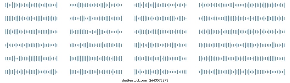 Set of wavy, vibrating and pulsating lines. Podcast sound waves. Waveform pattern for music player, podcast, voice message, music app. Audio wave icon. Isolated vector illustration.
