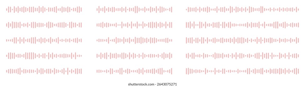 Set of wavy, vibrating and pulsating lines. Podcast sound waves. Waveform pattern for music player, podcast, voice message, music app. Audio wave icon. Isolated vector illustration.