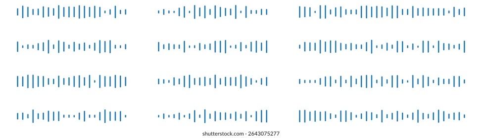 Set of wavy, vibrating and pulsating lines. Podcast sound waves. Waveform pattern for music player, podcast, voice message, music app. Audio wave icon. Isolated vector illustration.