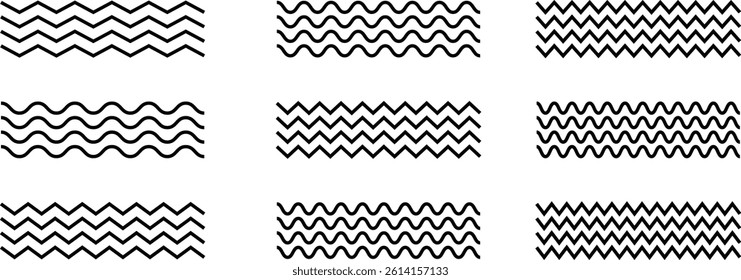 Set of wavy zigzag lines. Zigzag and wavy horizontal underline pattern isolated on white background. Waves line set.