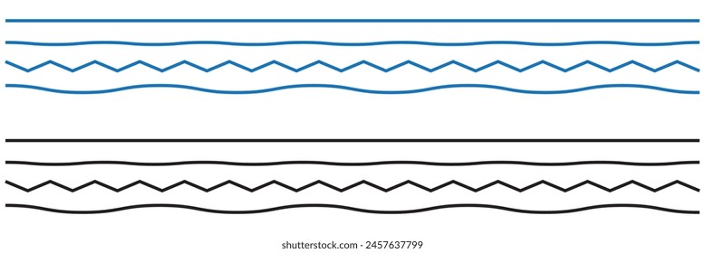Set of wavy zigzag lines. Wave thin line background. Vector zigzag and wavy blue horizontal underline. Wave line set. Vector illustration. 