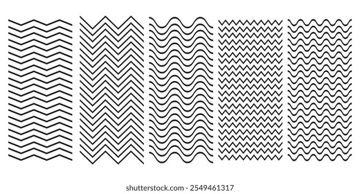 Set of wavy zigzag lines. Wave thin line background. Vector zigzag and wavy blue horizontal underline. Wave line set. Vector illustration.