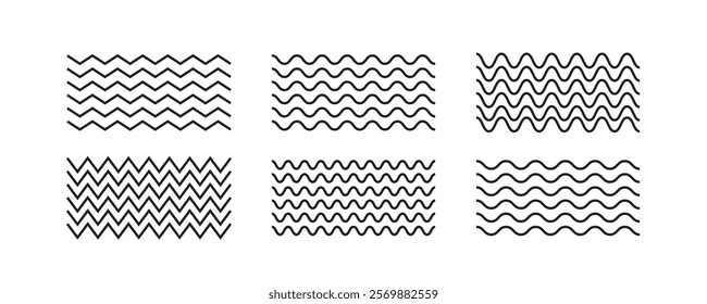 Set of wavy zigzag lines. Wave thin line background. Vector zigzag and wavy horizontal underline. Vector illustration