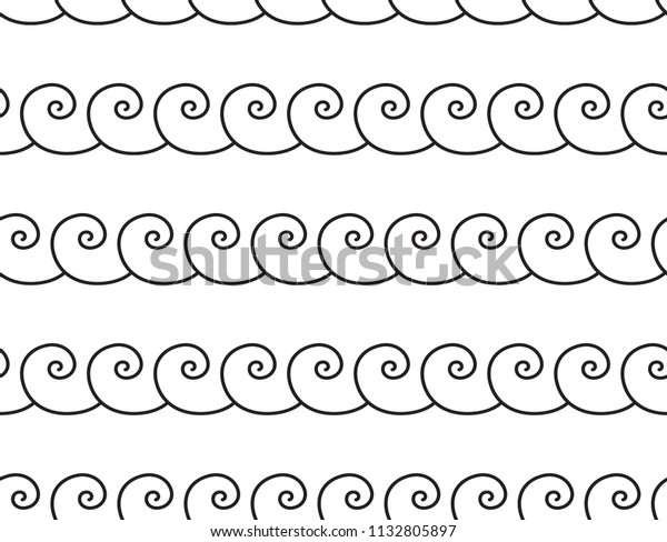 Set of wavy, zigzag,\
sinuous horizontal lines. Black and white textures. Sea wave\
seamless pattern