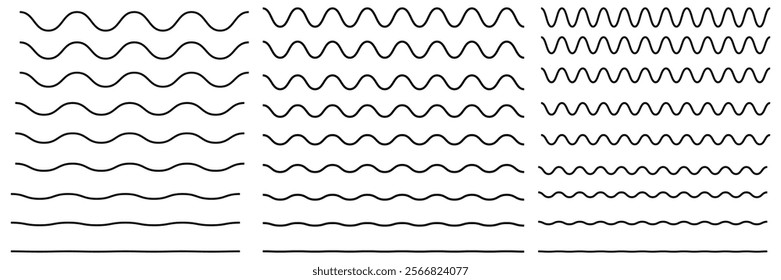 Set of wavy zigzag stroke lines pattern. Vector line border, wave ripple, zigzag, borders.