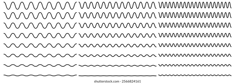 Set of wavy zigzag stroke lines pattern. Vector line border, wave ripple, zigzag, borders.