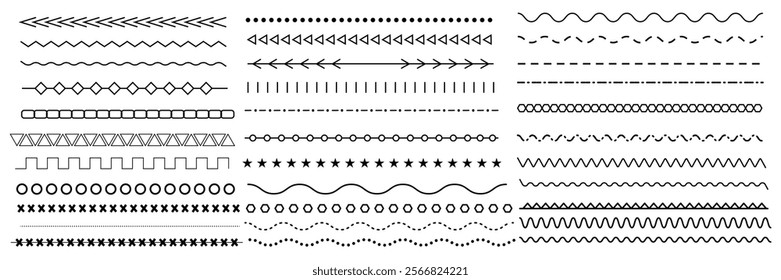 Set of wavy zigzag stroke lines pattern. Vector line border, wave ripple, zigzag, borders.