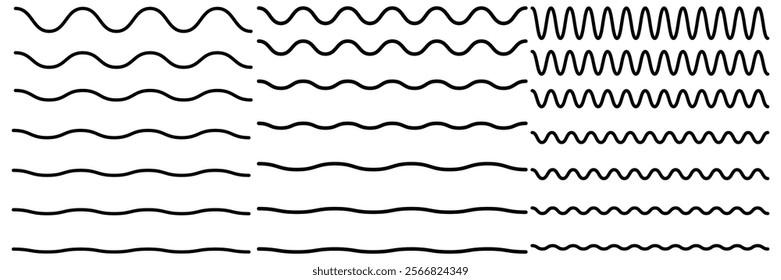 Set of wavy zigzag stroke lines pattern. Vector line border, wave ripple, zigzag, borders.