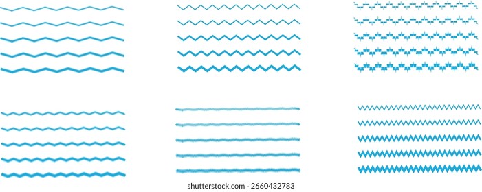 Set of wavy zigzag stroke lines pattern. Vector line border, wave ripple, zigzag, borders.