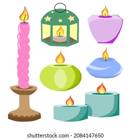 set of wax, burning, aromatic candles. Different size and shape of the candle. candle in candlestick. Hand-drawn vector illustration. Design for holiday cards, stickers, printing, Christmas, New Year