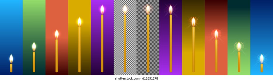 set of wax candles of different sizes and with different glow on a transparent background and backgrounds in different colors to illustrate the application in various designs
