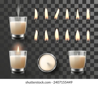 Set of wax Candles in Glass candlestick and lights from candles flames different shapes isolated on transparent background. Candlelight, aromatherapy, meditation. Realistic 3d Vector illustration.