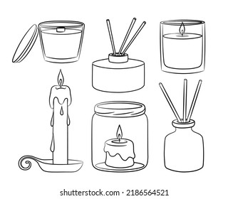 A set of wax candles in a glass holder. Sketch of candles in different formats in doodle style. Accessories for the interior of a cozy home. Isolated vector illustration.