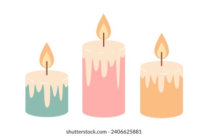 conjunto de velas de cera para el interior del hogar. rosa, amarillo y turquesa