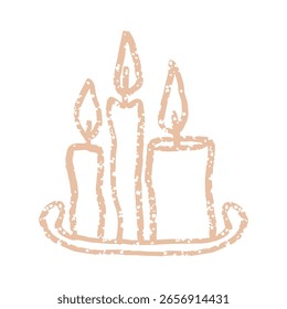Set of wax candles with small flame on vintage-style holder. Vector line illustration in simple style on white background. 