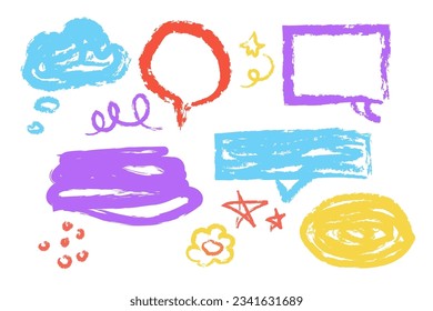 Set wax crayon, chalk doodle elements speech bubbles, lines, stars, marks hand drawn isolated on white background. Textured brush stroke,