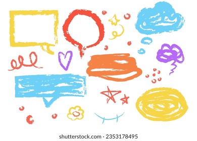 Set wax crayon, chalk doodle elements speech bubbles, lines, stars, marks hand drawn isolated on white background. Textured brush stroke,