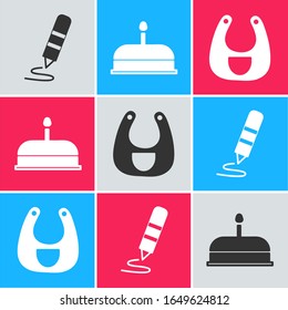 Set Wax crayon for drawing, Cake with burning candles and Baby bib icon. Vector