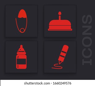 Set Wax crayon for drawing, Classic steel safety pin, Cake with burning candles and Baby bottle icon. Vector