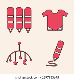 Set Wax crayon for drawing, Wax crayons for drawing, Baby onesie and Baby crib hanging toys icon. Vector