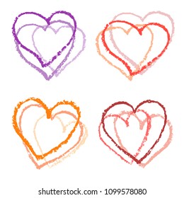 Set of wax crayon hand drawn valentine`s day`s love heart on white. Like kid`s painting pastel chalk art lines background. Color design elements, vector.
