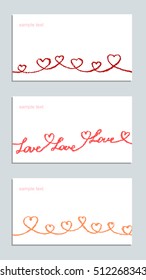 Set of wax crayon hand drawn cards with valentine`s day`s love heart on white. Hand painting pastel chalk lines art background. Red design elements, vector.