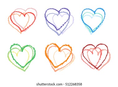 Set of wax crayon hand drawn valentine`s day`s love heart on white. Child`s painting pastel chalk art lines background. Color design elements, vector.