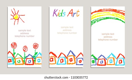 Set of wax crayon kid`s drawn colorful cards with hand drawing flowers, rainbow, sun, houses, letters on white. Hand drawn art background. Like child`s painting pastel chalk design elements, vector