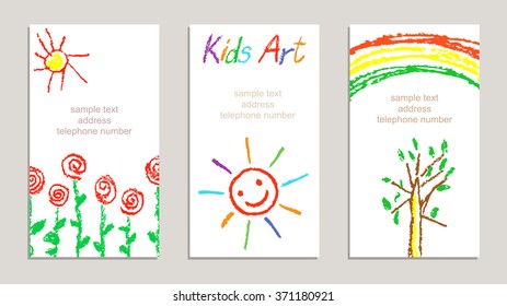 Set of wax crayon kid`s drawn colorful cards with hand drawing flowers, rainbow, sun, tree, letters on white. Hand drawn art background. Child`s painting pastel chalk line and design elements, vector.