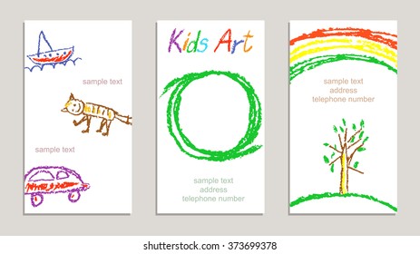 Set of wax crayon kid`s drawn colorful sample cards with hand drawing tree, cat, car, ship, letters. Hand drawn art background. Child`s painting pastel chalk and design elements, vector.