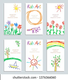 Set wax crayon kid`s hand drawn colorful card copy space and flower  cat  sun  tree  rainbow  letters white  Child`s artistic stroke pastel chalk pencil art design element  vector background