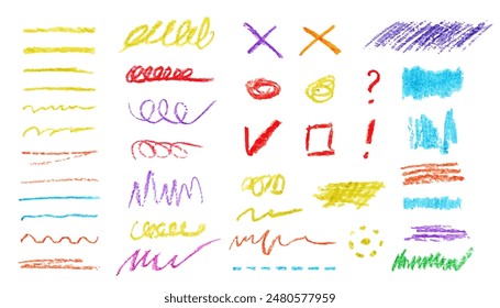 Set of Wax crayon underline brush. Group of hand drawn charcoal and chalk symbols for diagrams.  Freehand different curved line, swirl, cross, circle, frames, check marks. Vector doodle illustration