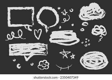 Set wax crayon, white chalk doodle elements speech bubbles, lines, stars, marks hand drawn isolated on black background. Textured brush stroke,