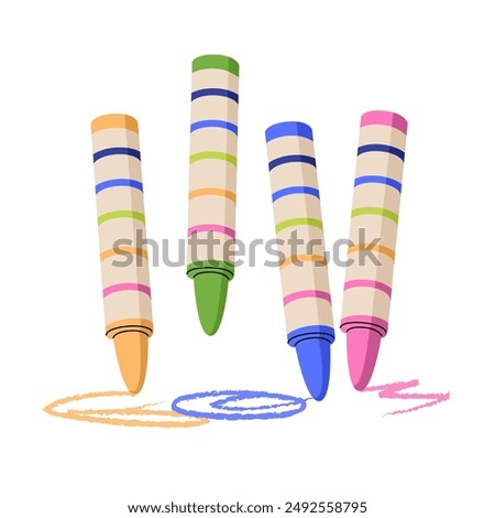 Set of wax crayons for drawing. Accessories for students. Children's creativity and development. Items for education and hobbies. Vector illustration isolated on transparent background.