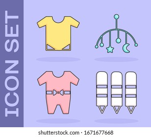 Set Wax crayons for drawing, Baby onesie, Baby clothes and Baby crib hanging toys icon. Vector