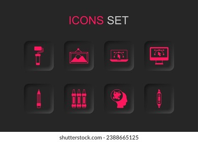 Set Wax crayons for drawing, Picture landscape, Paint roller brush, spray, Computer with design program, Marker pen,  and Pencil eraser icon. Vector