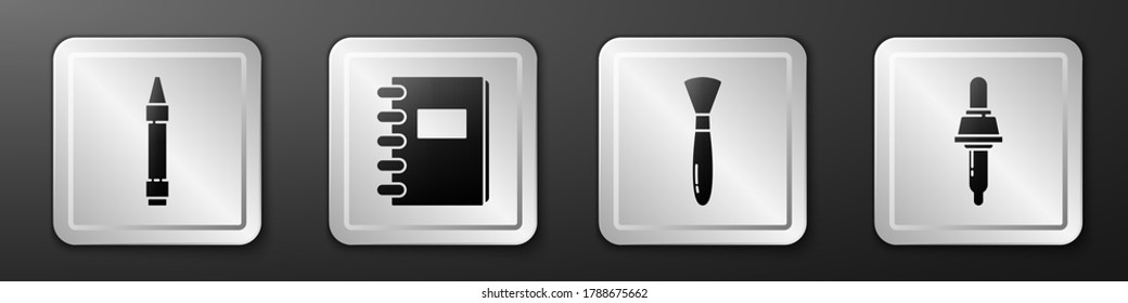 Set Wax crayons for drawing, Spiral notebook, Paint brush and Pipette icon. Silver square button. Vector