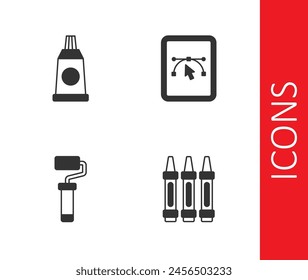 Set Wax crayons for drawing, Tube with paint palette, Paint roller brush and Computer design program icon. Vector