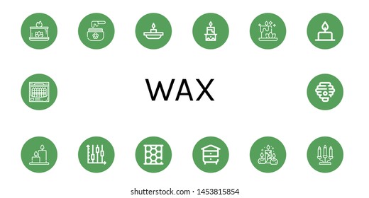 Set of wax icons such as Aromatic candle, Wax, Candle, Candles, Candlestick, Honeycomb, Beehive, Candelabra, Crayon, Hive , wax