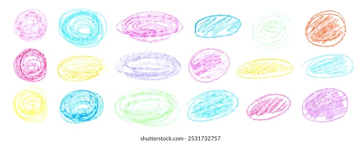 Set of wax pencil drawn frames. Colored circles , chalk texture, charcoal drawing, careless children's drawing. Vector collection of design elements isolated on white background.