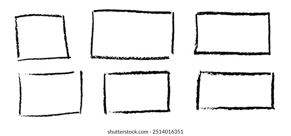Set of wax pencil hand drawn frames. Collection of writing by children pastel rectangular and square geometric shapes. Black doodle style outline text boxes with grunge texture. Vector illustration,
