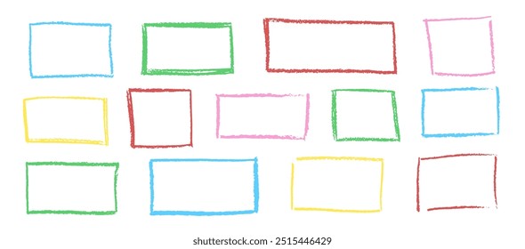 Set of wax pencil hand drawn frames. Collection of writing by children pastel rectangular and square geometric shapes. Colorful doodle style outline text boxes with grunge texture. Vector illustration