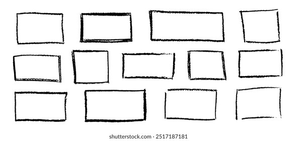 Set of wax pencil hand drawn frames. Collection of writing by children pastel rectangular and square geometric shapes. Black doodle style outline text boxes with grunge texture. Vector illustration,