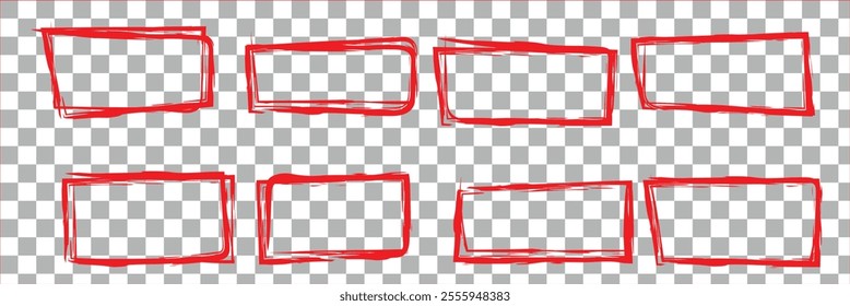 Set of wax pencil hand drawn frames. Collection of writing by children pastel rectangular and square geometric shapes. Black doodle style outline text boxes with grunge texture. Vector illustration.