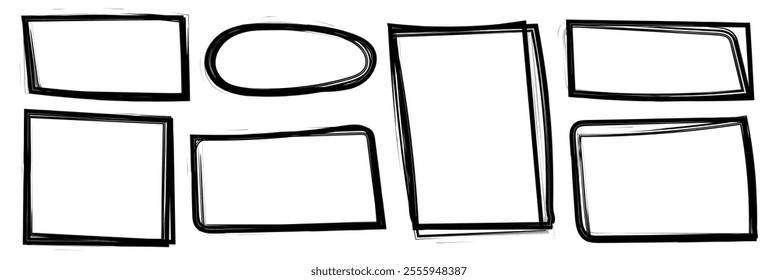 Set of wax pencil hand drawn frames. Collection of writing by children pastel rectangular and square geometric shapes. Black doodle style outline text boxes with grunge texture. Vector illustration.