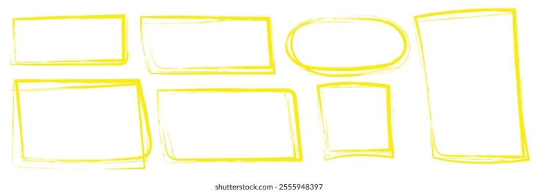 Set of wax pencil hand drawn frames. Collection of writing by children pastel rectangular and square geometric shapes. Black doodle style outline text boxes with grunge texture. Vector illustration.