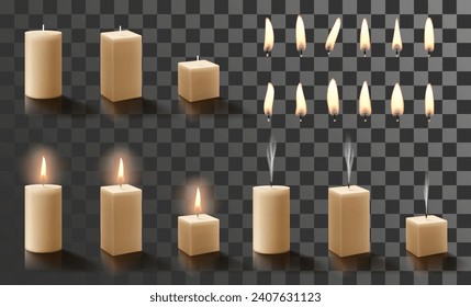 Set of wax round cylindrical and rectangular candles with candles flames different shapes isolated on transparent background. Candlelight, aromatherapy, meditation. Realistic 3d Vector illustration.